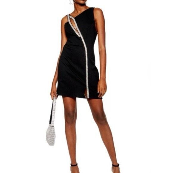 Topshop Dresses & Skirts - Topshop Black Diamanté Bodycon Dress Size 4 Asymmetrical Cutout NWT